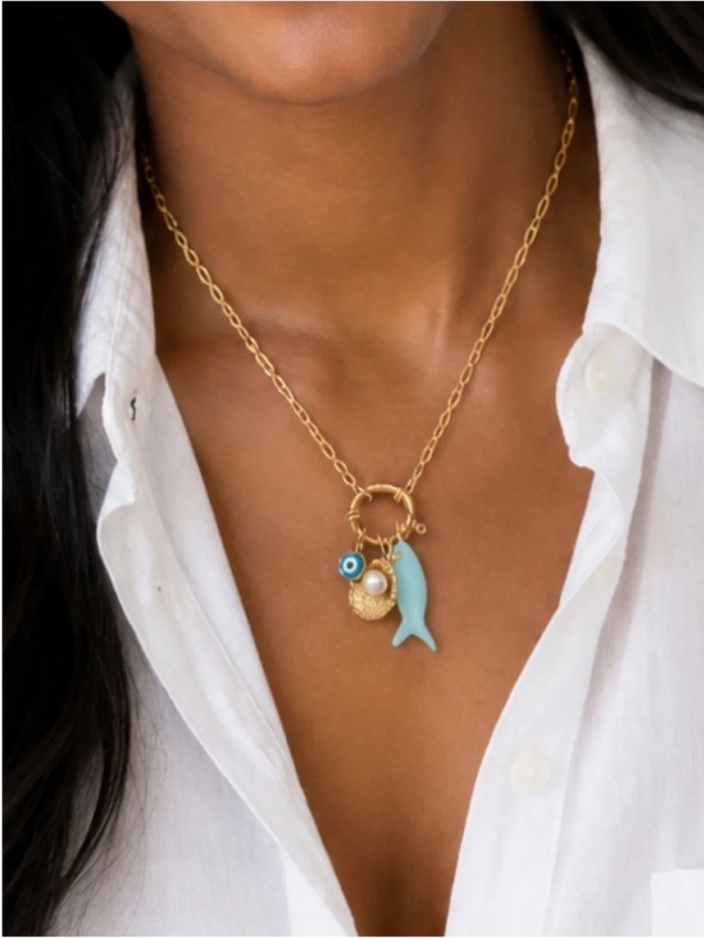 New! Coastal Preppy 18K Gold Plated Fish Shell Pearl Charm Necklace NWOT 2015